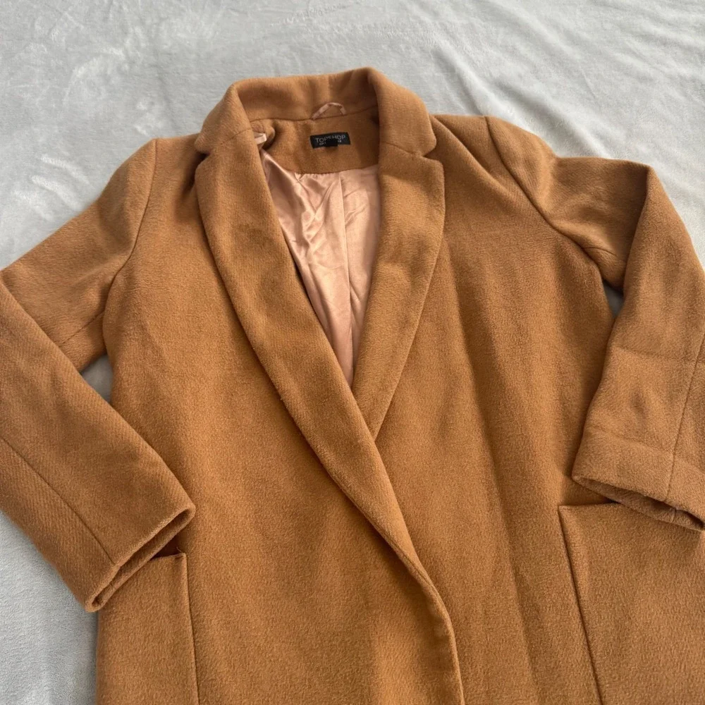 Topshop Women's Camel Brown Longline Open Front Winter Overcoat Jacket Size US 4